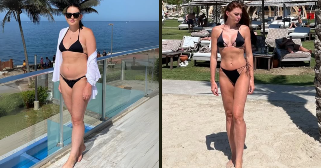 Dziewczyna w bikini przed odchudzaniem i po